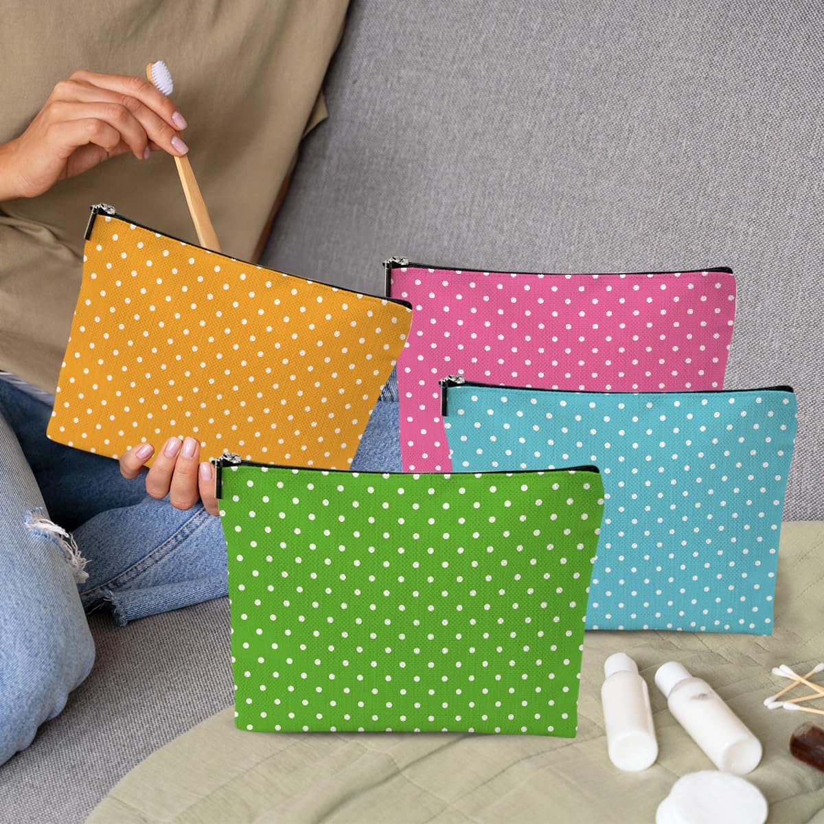 4pcs Colorful Polka Dot Makeup Bag, Cosmetic Bags for Women, Cute Travel Toiletry Bags Organizer with Zipper Make up Bag Appreciation Christmas Birthday Friendship Gifts for Team Girls Sister Bestie