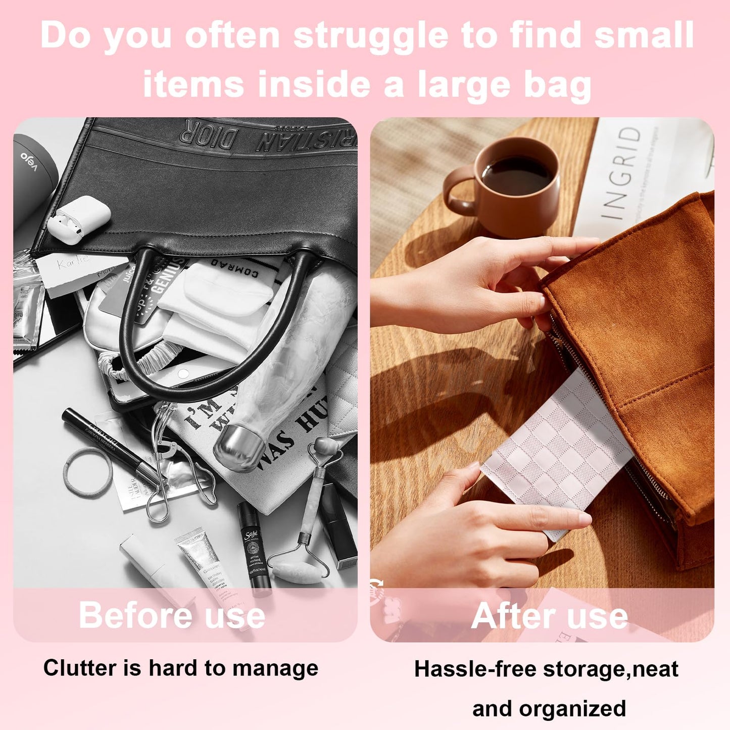 4PCS Small Makeup Bag for Purse, Mini Leather Pocket Cosmetic Bag for Women, Waterproof Portable Makeup Pouch No Zipper Coin Purse Lipstick Bag Accessories, Checkered Travel Storage Bag(White, Pink)