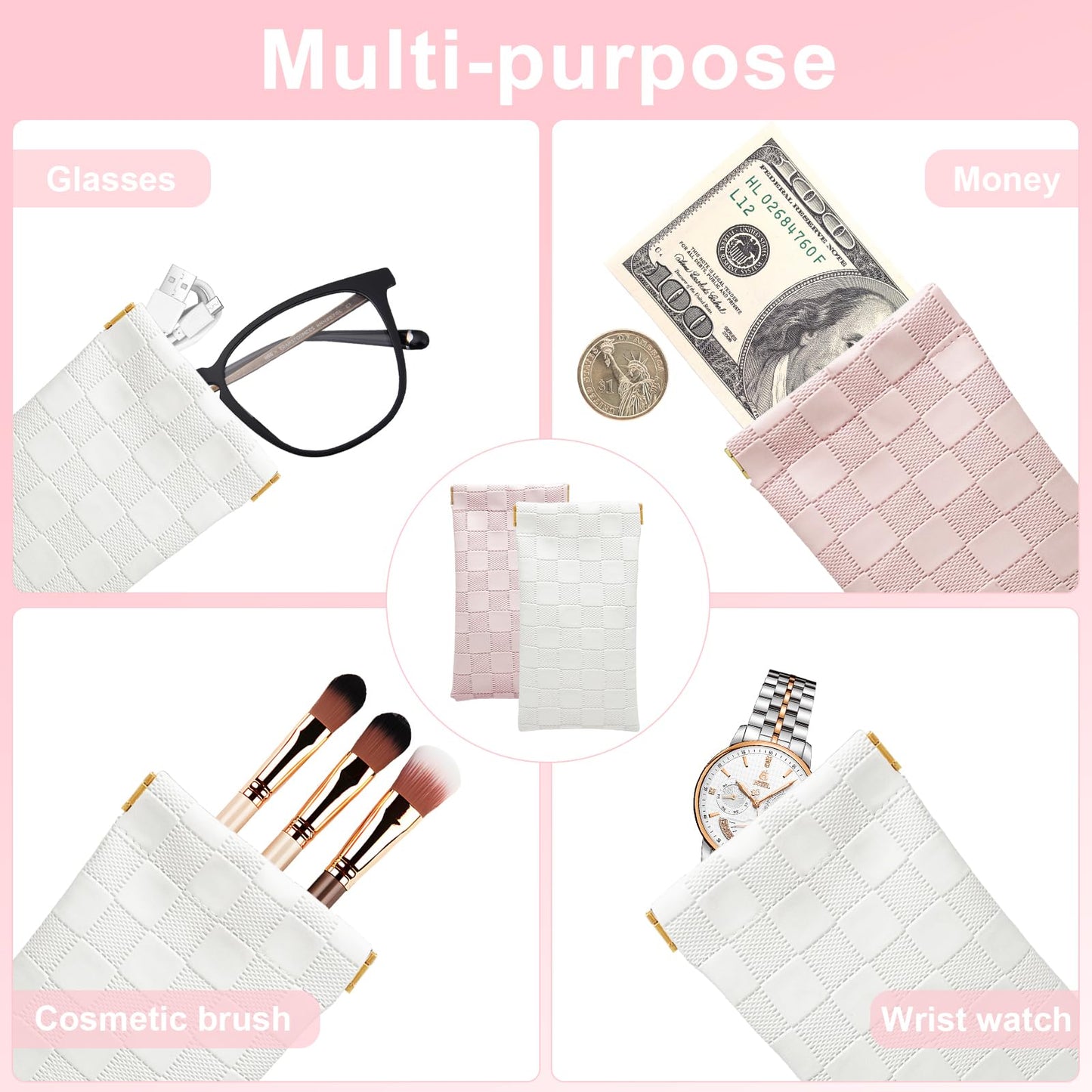 4PCS Small Makeup Bag for Purse, Mini Leather Pocket Cosmetic Bag for Women, Waterproof Portable Makeup Pouch No Zipper Coin Purse Lipstick Bag Accessories, Checkered Travel Storage Bag(White, Pink)