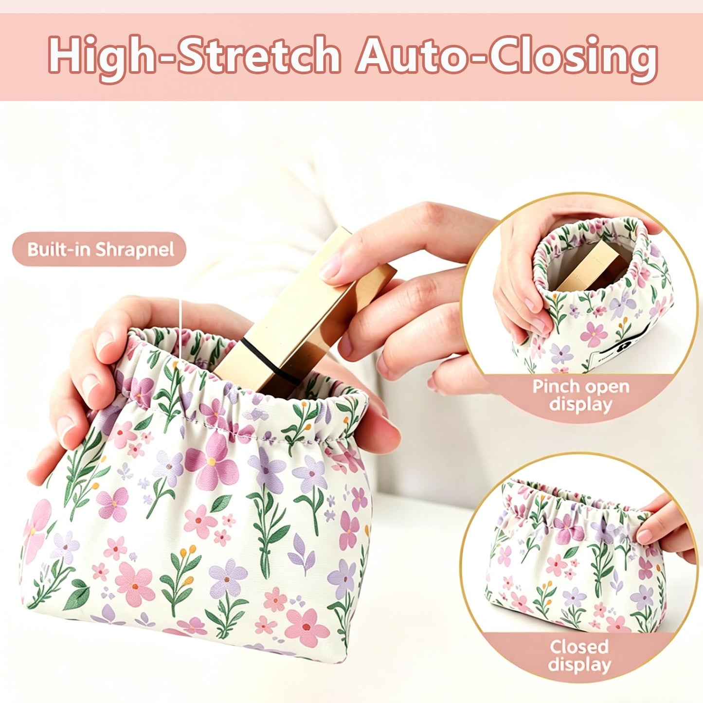 4Pcs Small Makeup Bag for Purse,Waterproof Portable Cosmetic Bags for Women,Cute Flowers Self-Closing Mini Makeup Pouch Travel Storage for Coin Purse Lipstick Organizer Jewelry Earphones(Floral)