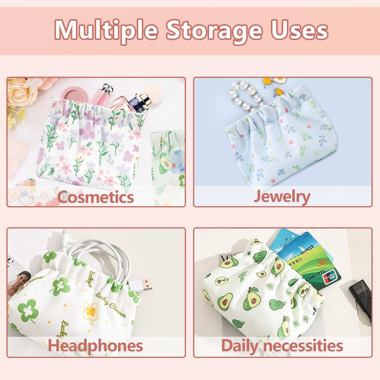 4Pcs Small Makeup Bag for Purse,Waterproof Portable Cosmetic Bags for Women,Cute Flowers Self-Closing Mini Makeup Pouch Travel Storage for Coin Purse Lipstick Organizer Jewelry Earphones(Floral)