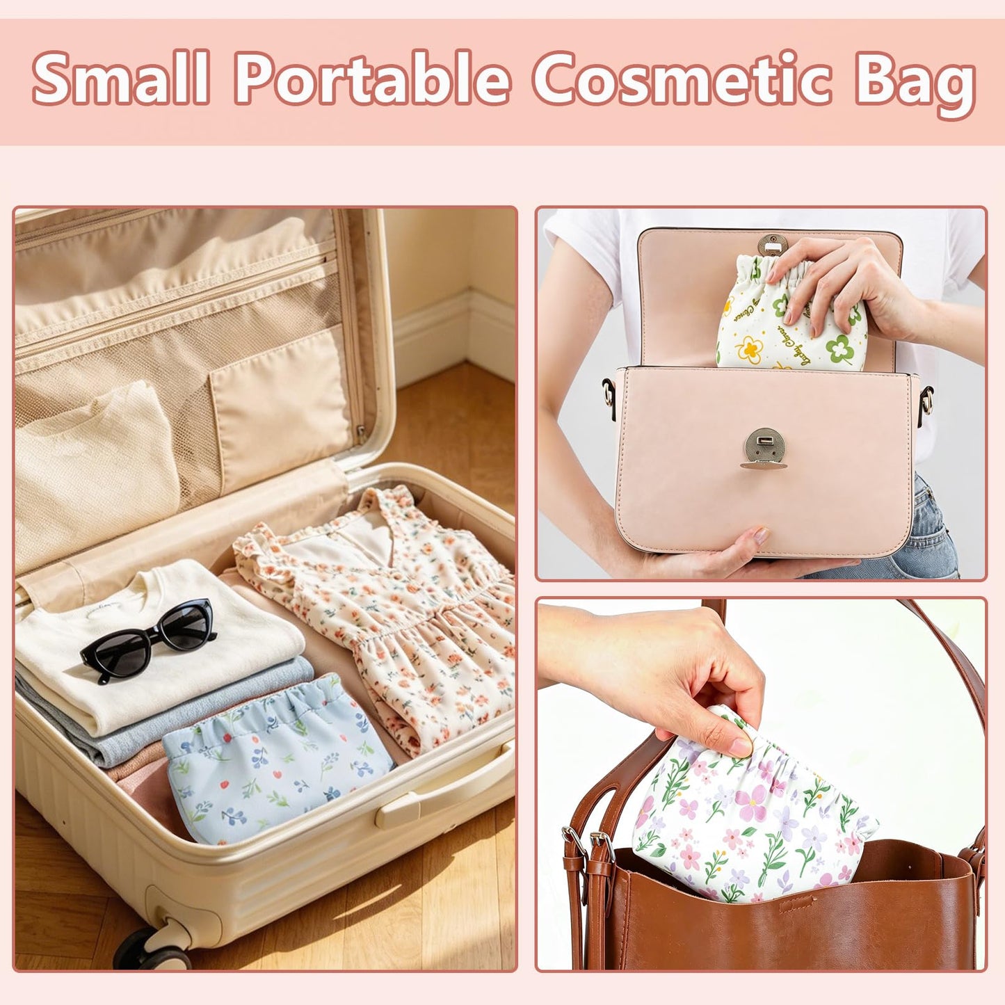 4Pcs Small Makeup Bag for Purse,Waterproof Portable Cosmetic Bags for Women,Cute Flowers Self-Closing Mini Makeup Pouch Travel Storage for Coin Purse Lipstick Organizer Jewelry Earphones(Floral)