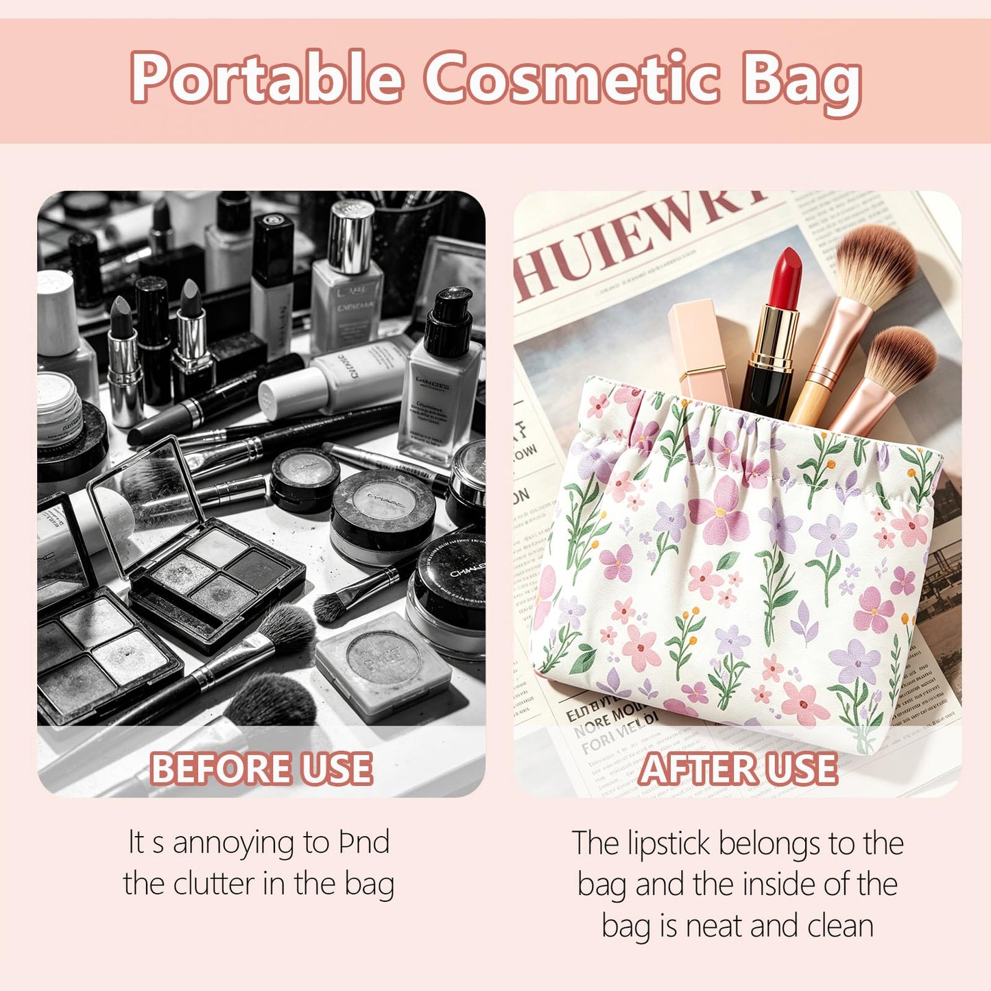4Pcs Small Makeup Bag for Purse,Waterproof Portable Cosmetic Bags for Women,Cute Flowers Self-Closing Mini Makeup Pouch Travel Storage for Coin Purse Lipstick Organizer Jewelry Earphones(Floral)