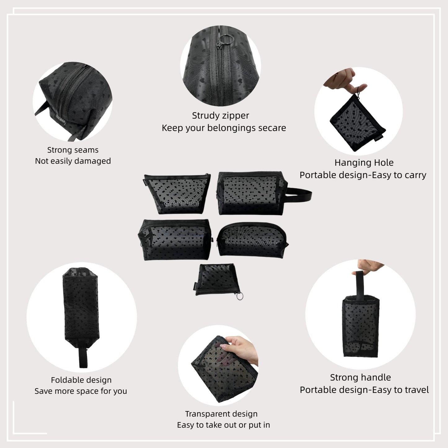 5 Pieces Heart Printed Mesh Makeup Bag Set, Portable Travel Mesh Cosmetic Bags Toiletry Bags Makeup Purse Bags with Zipper Storage Pouches for Home Offices Travel Accessories (Black)