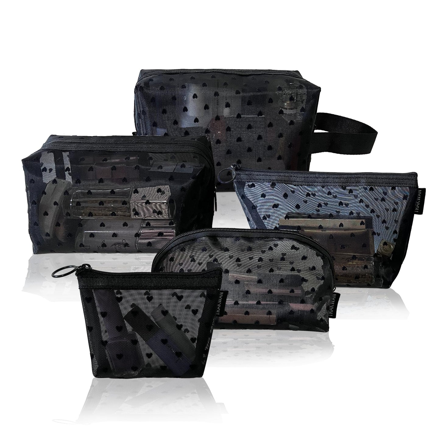5 Pieces Heart Printed Mesh Makeup Bag Set, Portable Travel Mesh Cosmetic Bags Toiletry Bags Makeup Purse Bags with Zipper Storage Pouches for Home Offices Travel Accessories (Black)