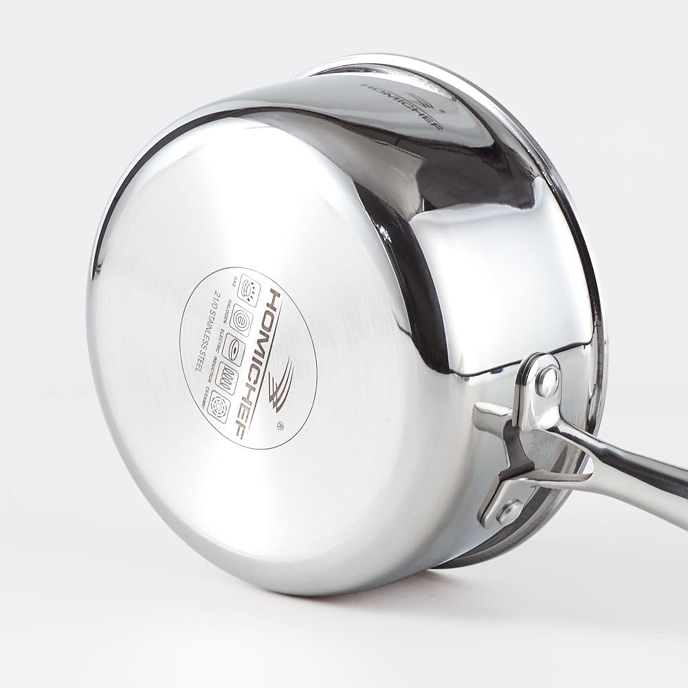 HOMICHEF Mirror Polished NICKEL FREE Stainless Steel 1.5 Quart / 6.5 Inch Sauce Pan with Glass Lid (No Toxic Non Stick Coating, Whole-Clad 3-Ply) Soup Pot Small Cooking Pot