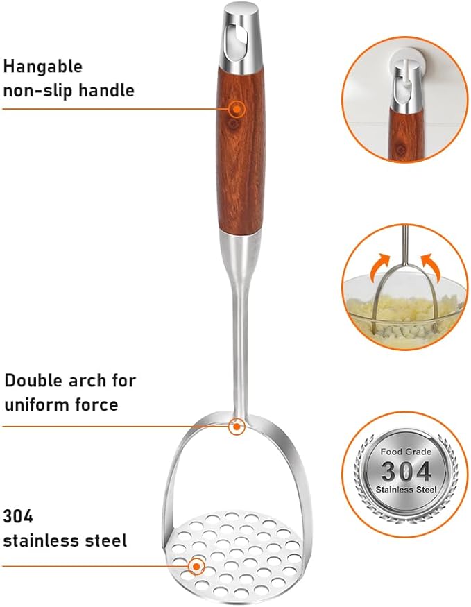 Brigii Potato Masher with Non-Slip Wooden Handle, Dual Arc for Easy, Labor-Saving Mashing, 304 Stainless Steel, Sturdy and Durable One-Piece Potato Press, Dishwasher Safe, for Potatoes and More