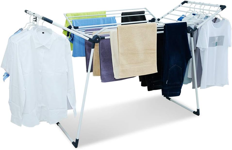 Clothes Drying Rack Adjustable Gullwing and Foldable Space-Saving Laundry Rack for Indoor or Outdoor Use, Grey