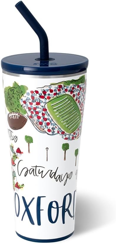 Swig Life 32oz Straw Tumbler, Travel Coffee Tumbler with Lid, Cup Holder Friendly Travel Coffee Mug, Stainless Steel, 32 oz Reusable Insulated Coffee Mug (Saturdays In Oxford)