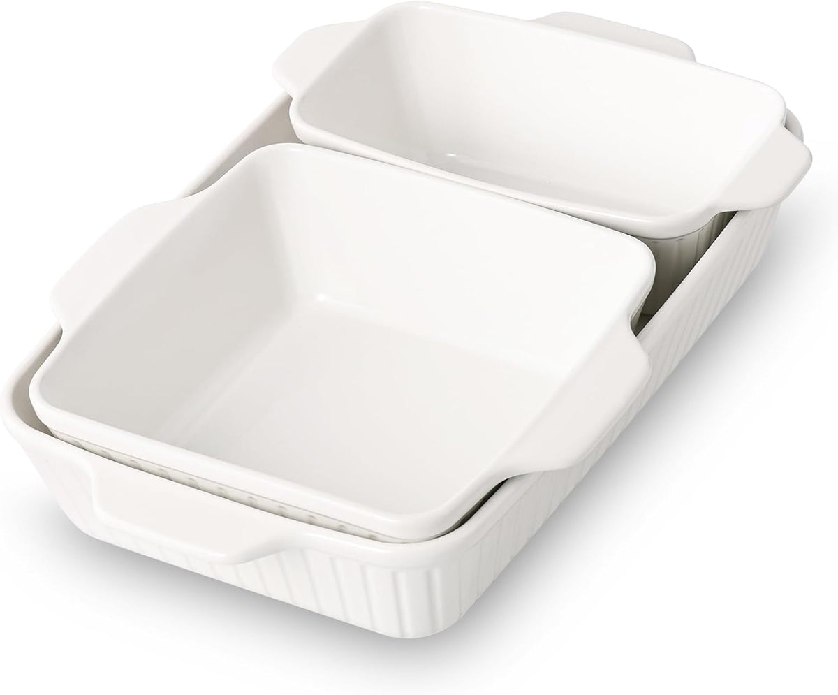 DOWAN Casserole Dishes for Oven, Baking Dishes Set, Ceramic Bakeware Sets of 3, Lasagna Pan Deep, Rectangular Baking Pan Set with Handles for Baking, Casserole, Kitchen, Wedding Gift, White (13''/8''/4'')