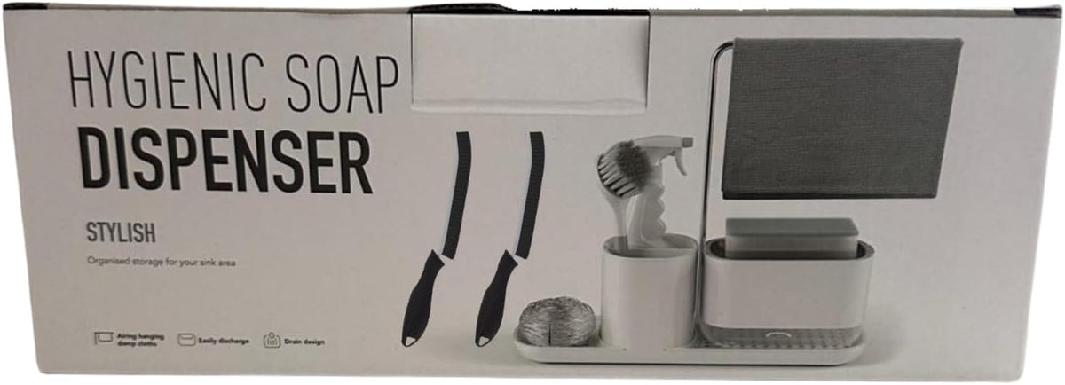 Kitchen Soap Dispenser Set with Sink Caddy-Hand and Dish Soap Dispenser with Sponge,Crevice Cleaning Brush,stailess Steel Scrubber, Sponge and discloth Holder 5-in-1 Organizer Set (White)