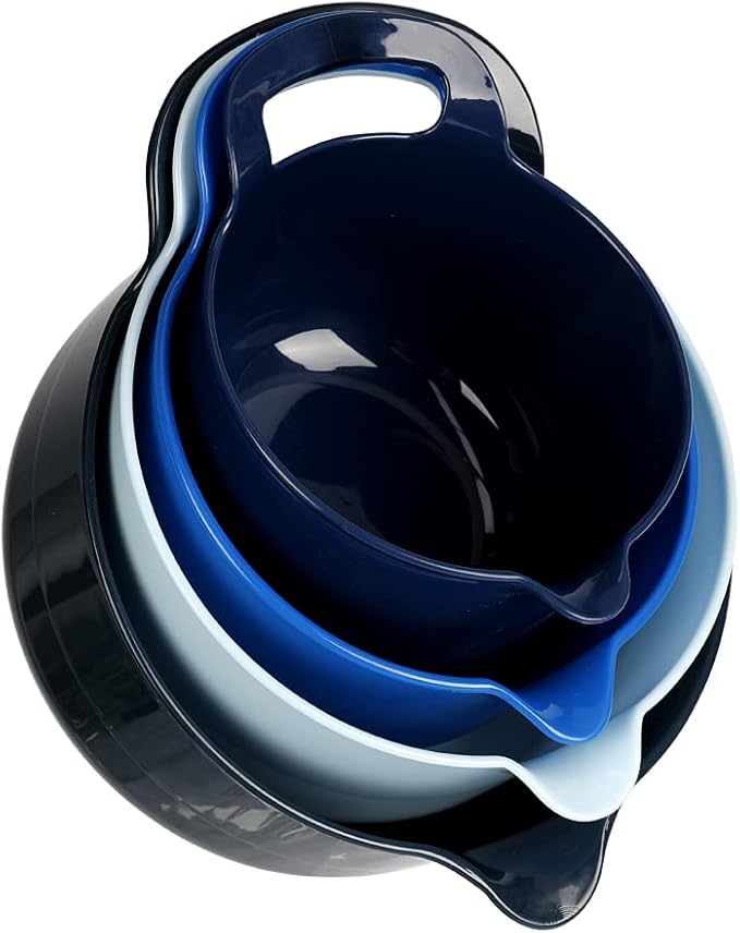 BoxedHome 4 Pack Nesting Mixing Bowls with Pour Spout and Handle, Plastic Large Mixing bowl BPA free Microwave & Dishwasher Safe(Blue, 4 Pack with Handle)
