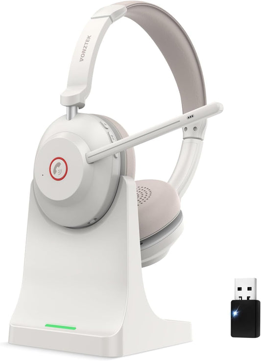 Bluetooth Headset, Wireless Headset with Dual Noise Canceling Microphone for Work &USB Dongle, QCC 5.2 Bluetooth Headphones with Mic Mute/Charge Dock for Computer Cell Phone Office Call Meetings Teams