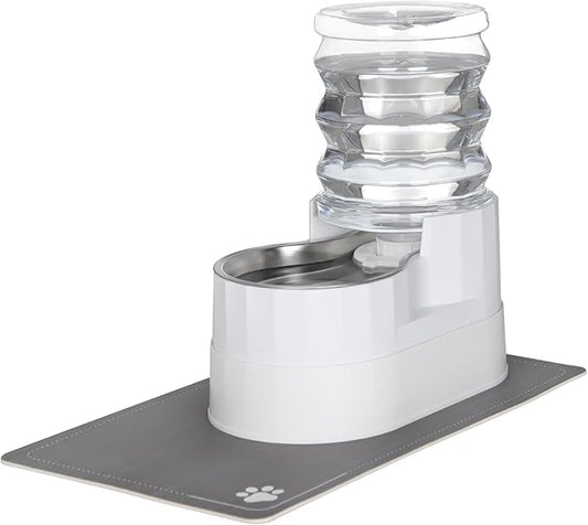 Sfozstra Automatic Gravity Water Dispenser: 5L White Stainless Steel Pet Bowl Waterer with Waterproof Pad - Raised Edge Water Feeder for Cats & Small Dogs Indoor/Outdoor