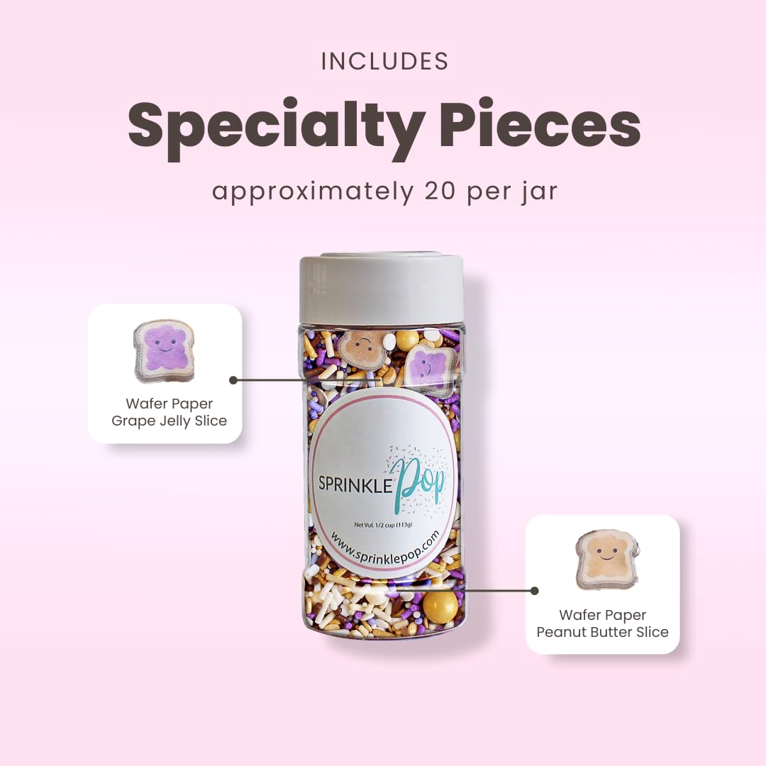 Sprinkle Pop PB&J Sprinkle Mix| lavender Purple Gold Cream Chocolate Sprinkles with ~20 Peanut Butter & Grape Jelly Slice Wafer Papers| Sprinkles Made in USA for Decorating Cake Cupcakes Cookies, 4oz