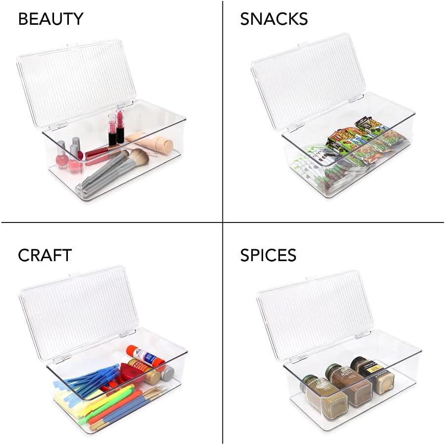 Isaac Jacobs Medium Stackable Organizer Bin (10.75”x6.5”x3.7”) w/ Hinged Lid, Clear Storage Box, Home, Office, School, Fridge, Bathroom, Kitchen, Pantry Container, BPA-Free, Food Safe (Medium, Clear)