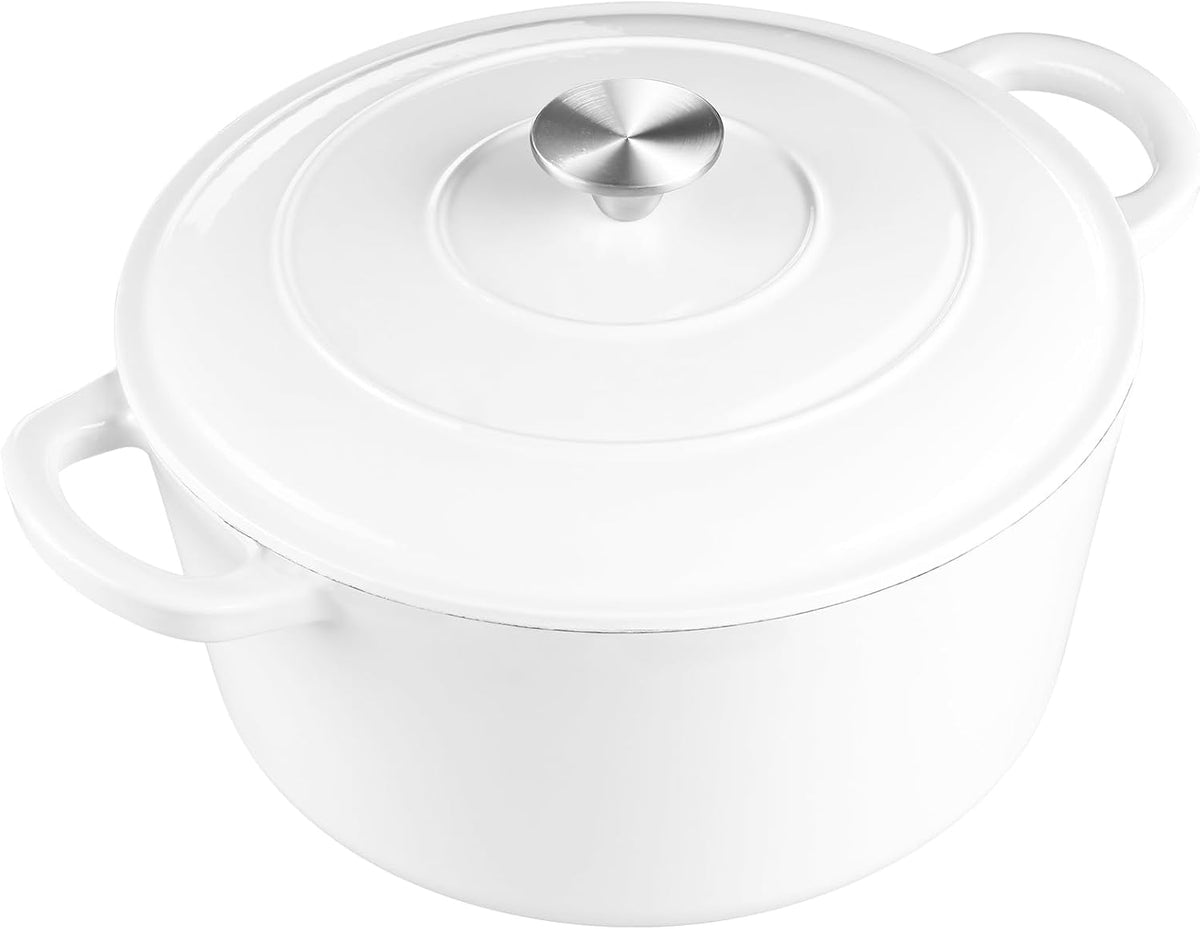 6 Quart Dutch Oven with Lid, Leonyo 6QT Enameled Cast Iron Dutch Oven for Sourdough Bread Baking, Heavy Duty Cookware for Braising, Stews, Roasting, White