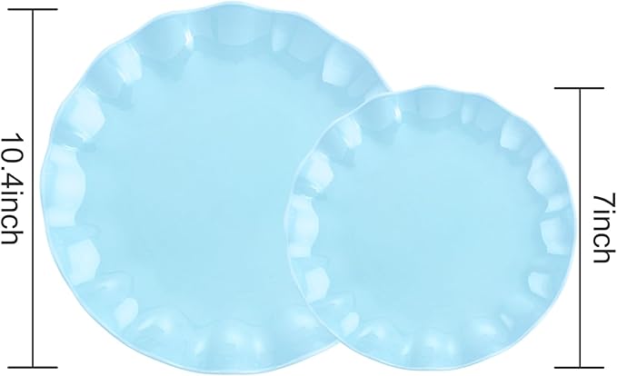 LIYH 24 Pcs Blue Plastic Plates Reusable - Unbreakable Light Blue Scalloped Plates, Dishwasher Safe Camping Plate for Parties, Birthday, Picnics, BPA Free (12Guests)