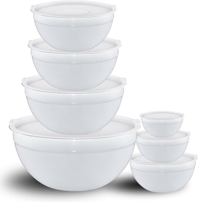 White Mixing Bowls with Lids Set of 7, Stainless Steel Nesting Bowl with Khaki Lid for Non-slip Mixing Prepping Storing Serving, 7 Sizes-7/3.6/2.7/2.1/1.5/1/0.8 QT