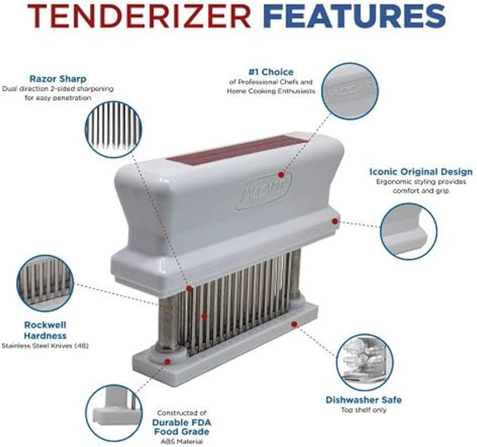 Jaccard 200348R, 48 Blade Durable Meat Tenderizer with Stainless Steel Razor Sharp Needle, Cooking Gadget for Tenderizing Chicken, Beef, Pork, Veal, BBQ, Red