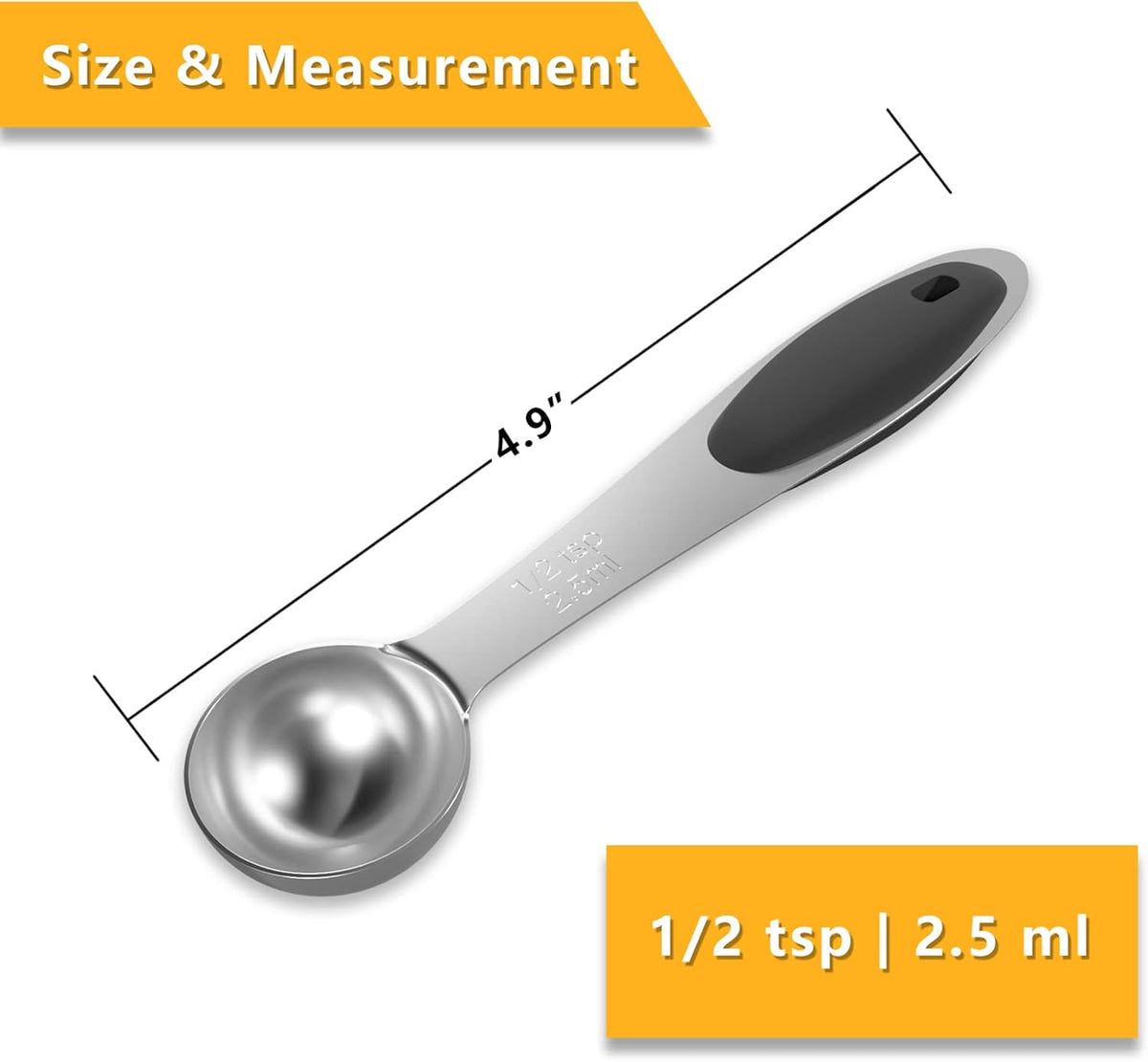 1PCS 1/2 Tsp(1/6tbsp, 2.5ml) Single Measuring Spoon with Black Silicone Grip, Stainless Steel Individual Measure Scoop Only