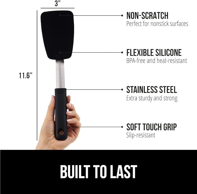GORILLA GRIP Patented BPA-Free Non-Scratch Spatula, 2 Pack, Heat Resistant Flexible Silicone Head for Nonstick Cooking Pans, Soft Rubber Handle, Kitchen Spatulas for Flipping Eggs, Pancakes, Black