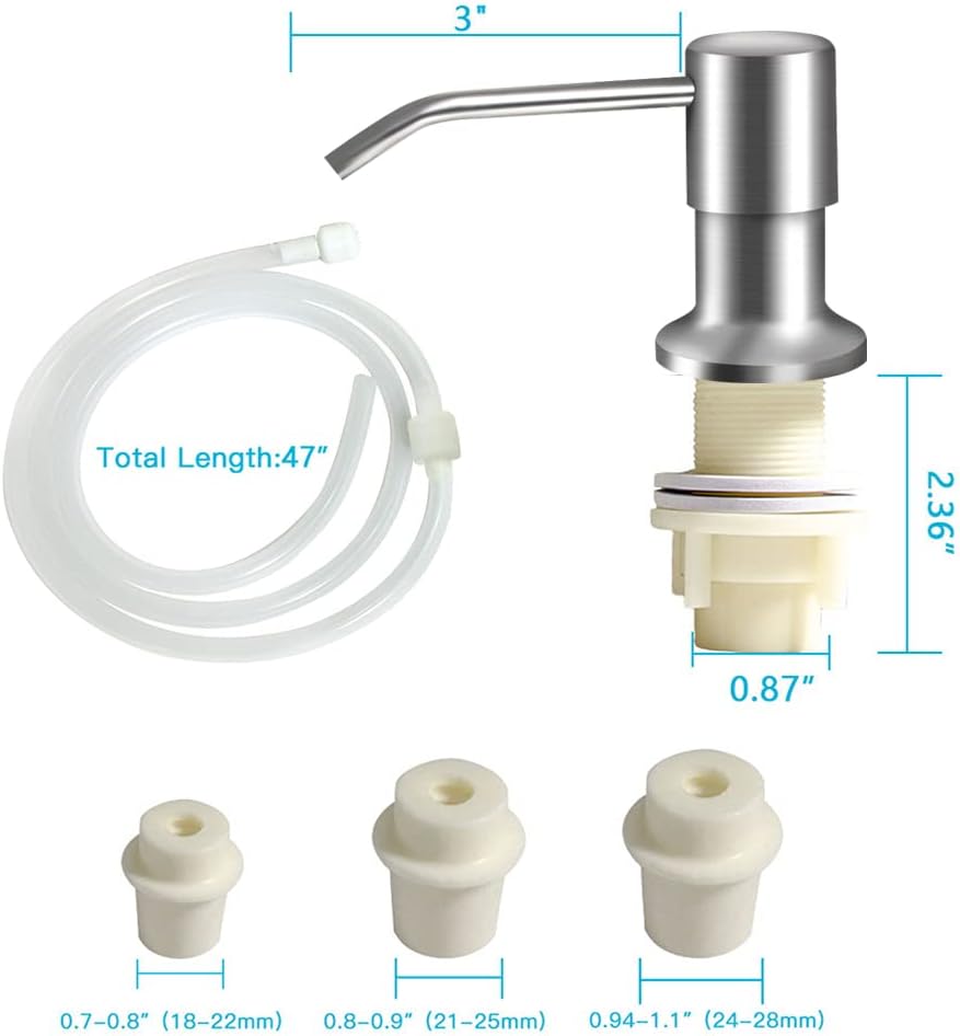 Dish Soap Dispenser for Kitchen Sink (Brushed Nickel), Countertop Sink Soap Dispenser Water Pump with 47” No-Spill Extension Tube Kit Design for Kitchen Bathroom, No More Refills （Sliver）
