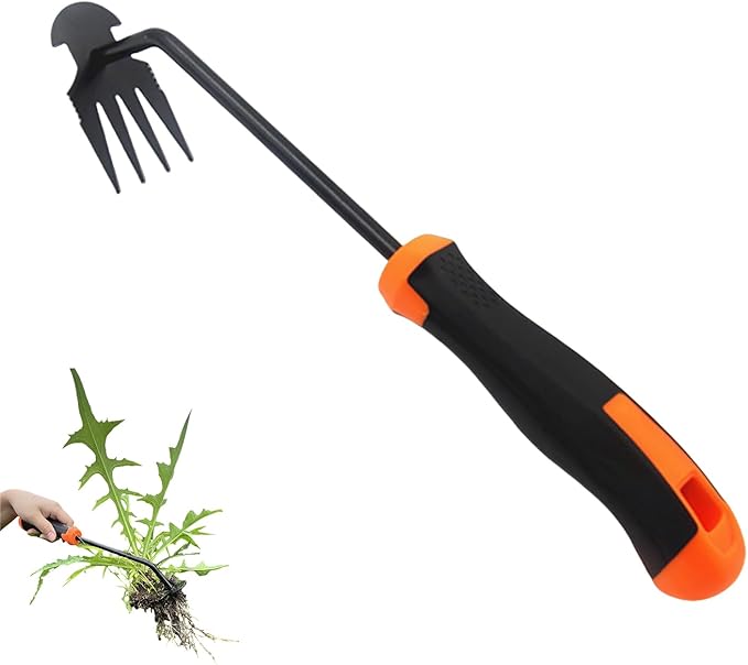 Hand Weeding Tool, Uprooting Weeder Tool Portable Garden Weed Remover with Handle, 4 Teeth Stainless Steel Weed Puller for Garden Backyard Farm Planting & Weeding (Rubber Handle)