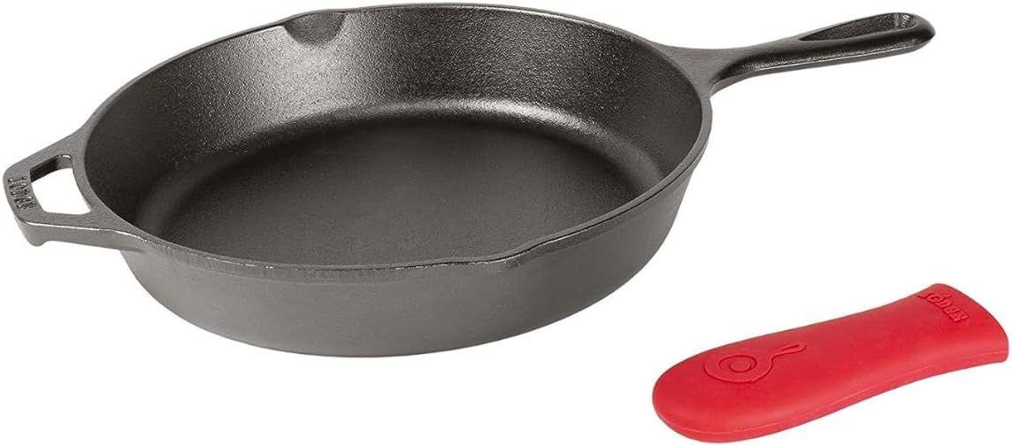 Lodge 12 Inch Cast Iron Skillet with Red Silicone Hot Handle Holder – Pre-Seasoned Frying Pan for Stove, Oven, Grill & Campfire – Made in the USA – Durable, Nonstick Cast Iron Cookware – Black