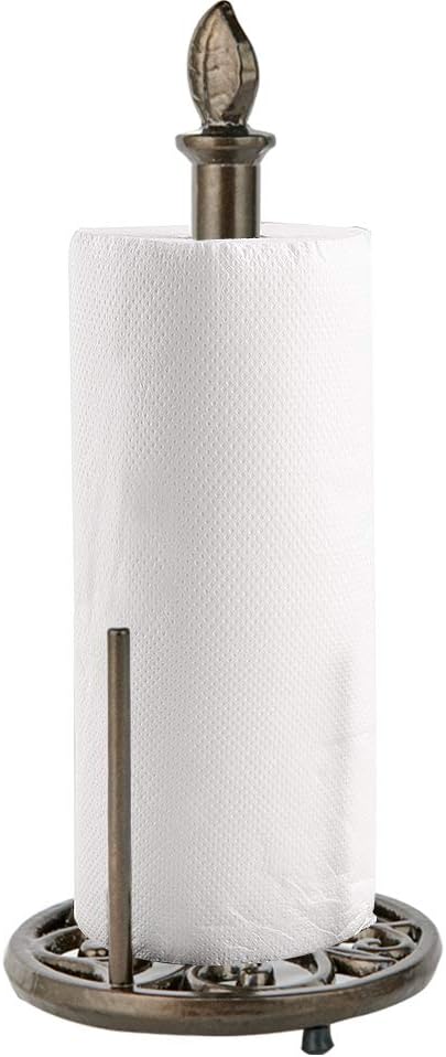 JOGREFUL Paper Towel Holder Stand, Cast Iron Kitchen Paper Towel Countertop Vintage Stand with Weighted-Base, Bathroom Organization for Family Standard Large Size Roll Paper, Leaf Top, Coffee Gold