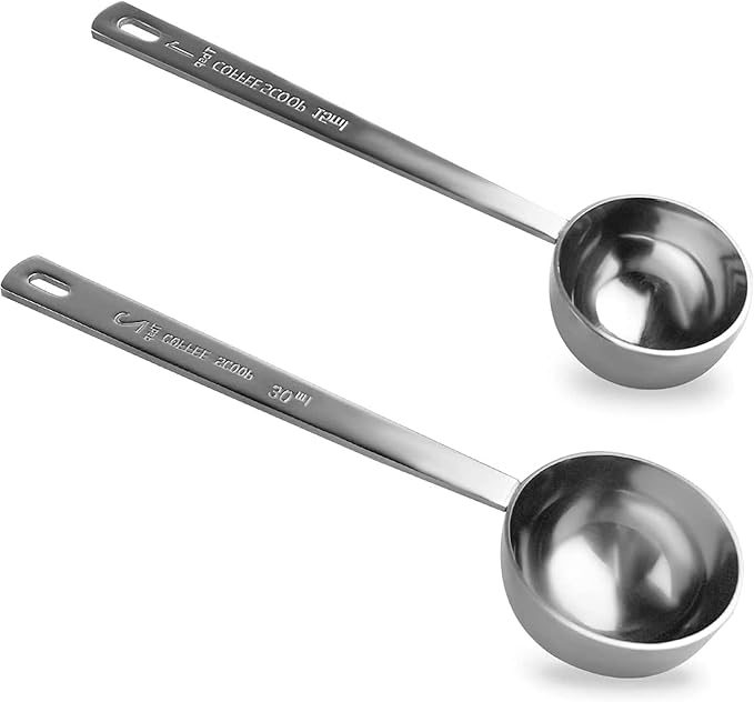 2 Pack Coffee Scoop, Tablespoon measure spoon contains 1 tablespoon (15ml) and 2 tablespoons (30ml), Stainless steel long handle coffee spoon silver