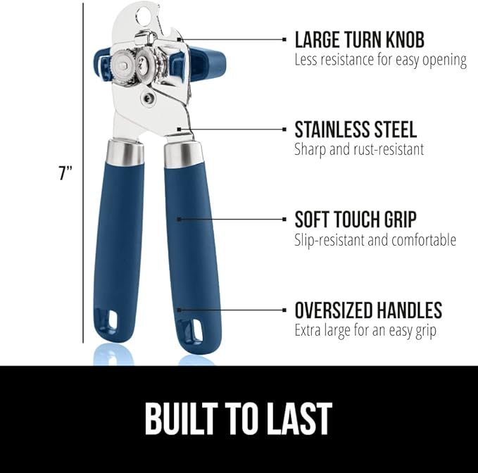 GORILLA GRIP Heavy Duty Stainless Steel Smooth Edge Manual Can Opener and Bottle Openers, Soft Comfortable Handle, Oversized Handheld Turn Knob, US Designed Multifunctional Kitchen Tool, Blue