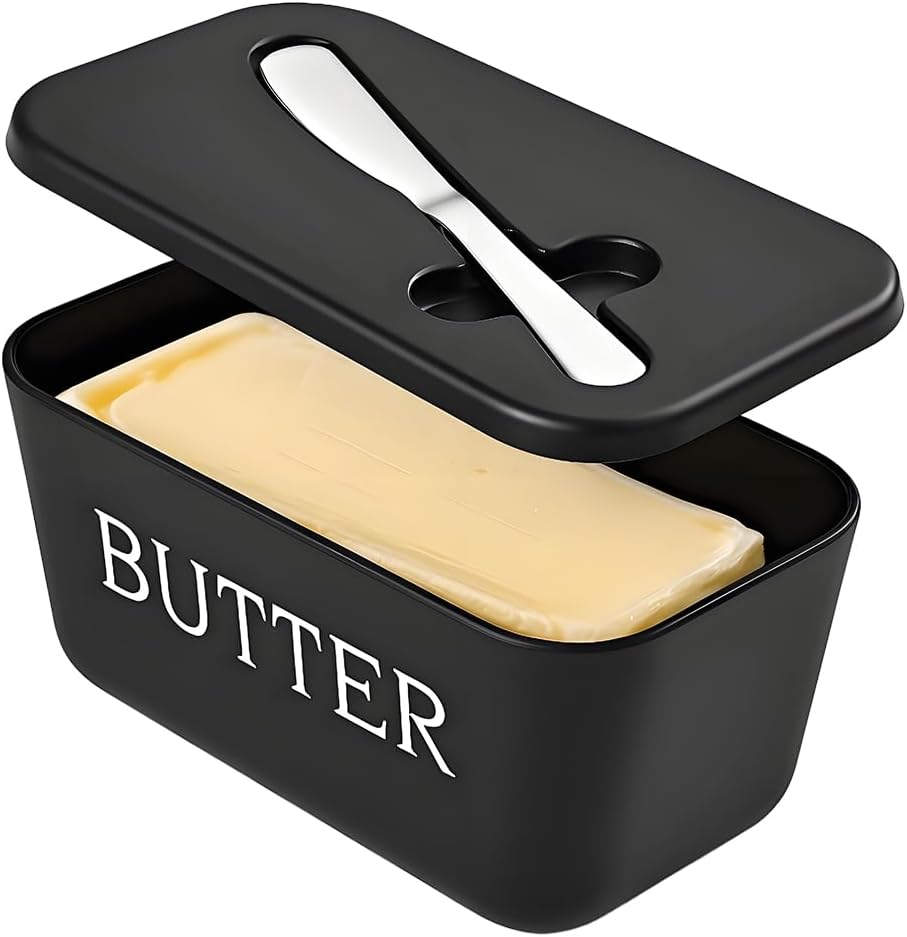 Large Plastic Butter Dish With Lid And Knife,Food Grade PP Butter Holder Keeper With Cover For Kitchen Refrigerator Black Butter Container