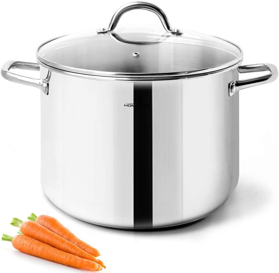 HOMICHEF Stock Pot 8 Quart with Lid Nickel Free Stainless Steel - Mirror Polished Stockpot 8 QT with Lid - HEALTHY COOKWARE Stockpots 8 Quart - Soup Pot for Induction Cooktop