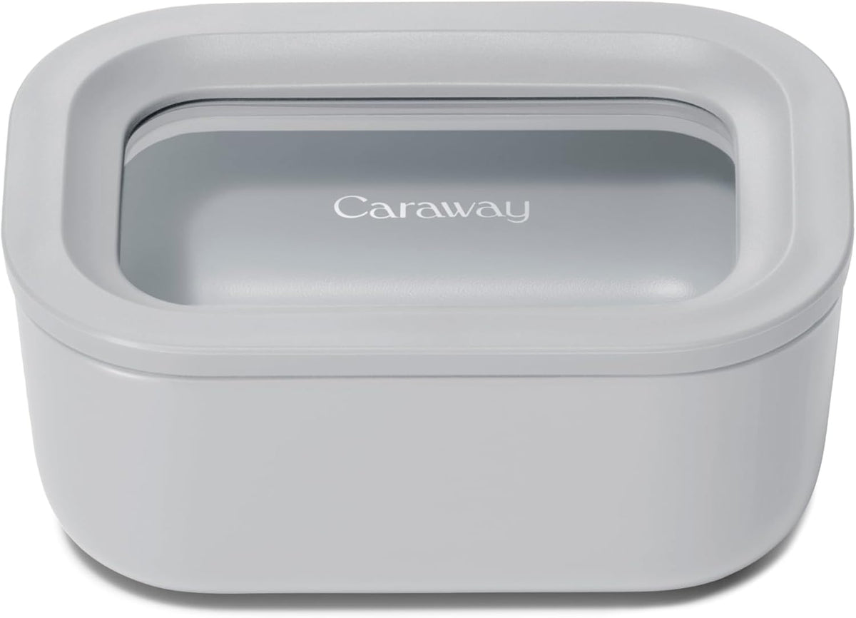 Caraway Mini Rectangle Food Storage Container - 2.6 Cup Glass Storage Container for Food - Non-Toxic Ceramic-Coated Glass - Air Release Technology - Compact & Stackable Design - Gray