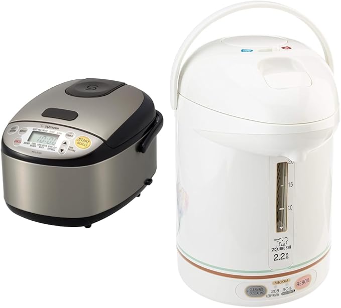 Zojirushi NS-LGC05XB Micom Rice Cooker & Warmer, 3-Cups (uncooked), Stainless Black & CW-PZC22FC Micom Super Boiler 2.2L, Floral, 2.2 L