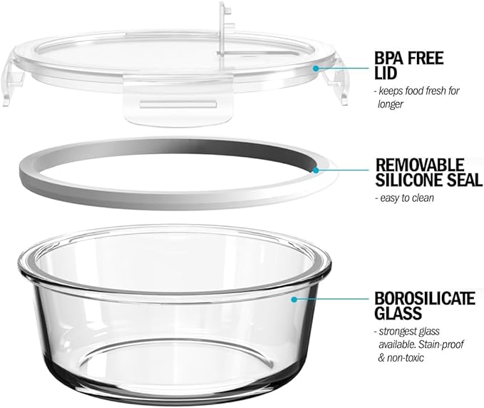 Igluu Meal Prep Glass Containers [5 pack + extra lid] - Glass Food Storage, Microwave, Oven, Freezer & Dishwasher -safe - Airtight Meal Prep Boxes with Snap Lock Steam Vent Lids, BPA-Free (950ml 32oz)