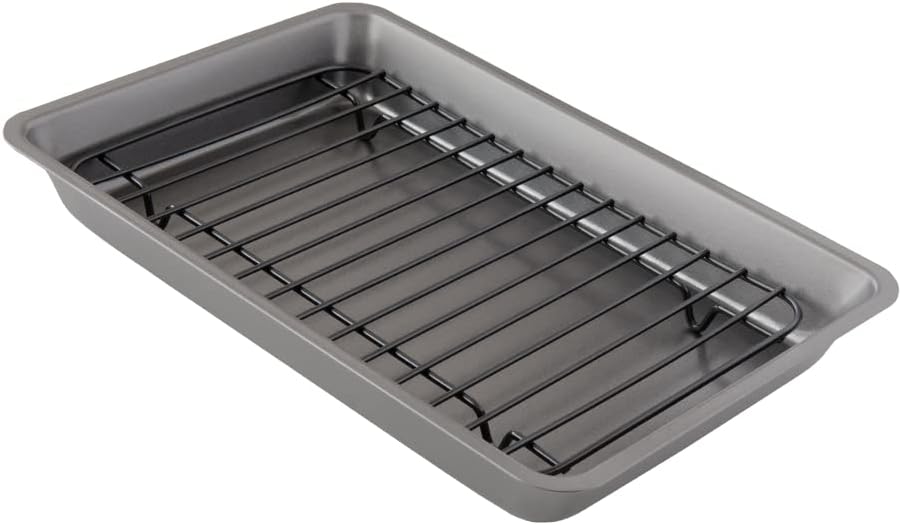Chef Pomodoro Nonstick Carbon Steel Small Roasting Pan with Rack, Roasting Pan for Countertop Oven Baking, Single Serving, Grey (Mini)