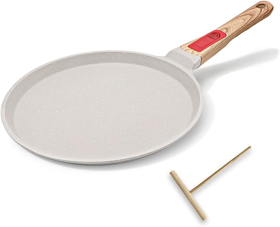 Non Stick Crepe Pan with Detachable Handle, 8 Inch Cast Aluminium Dosa Tawa Tortilla Pan, Pancake Pan Induction Compatible - White