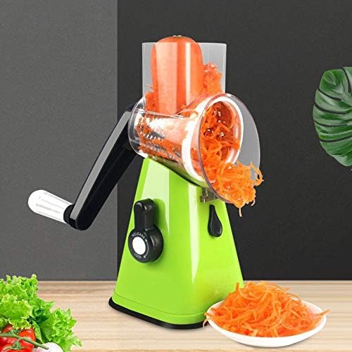 Manual Rotary Potato Grater Kitchen Mandoline Vegetable Slicer，with 3 Interchangeable Blades，Easy to use (Green)