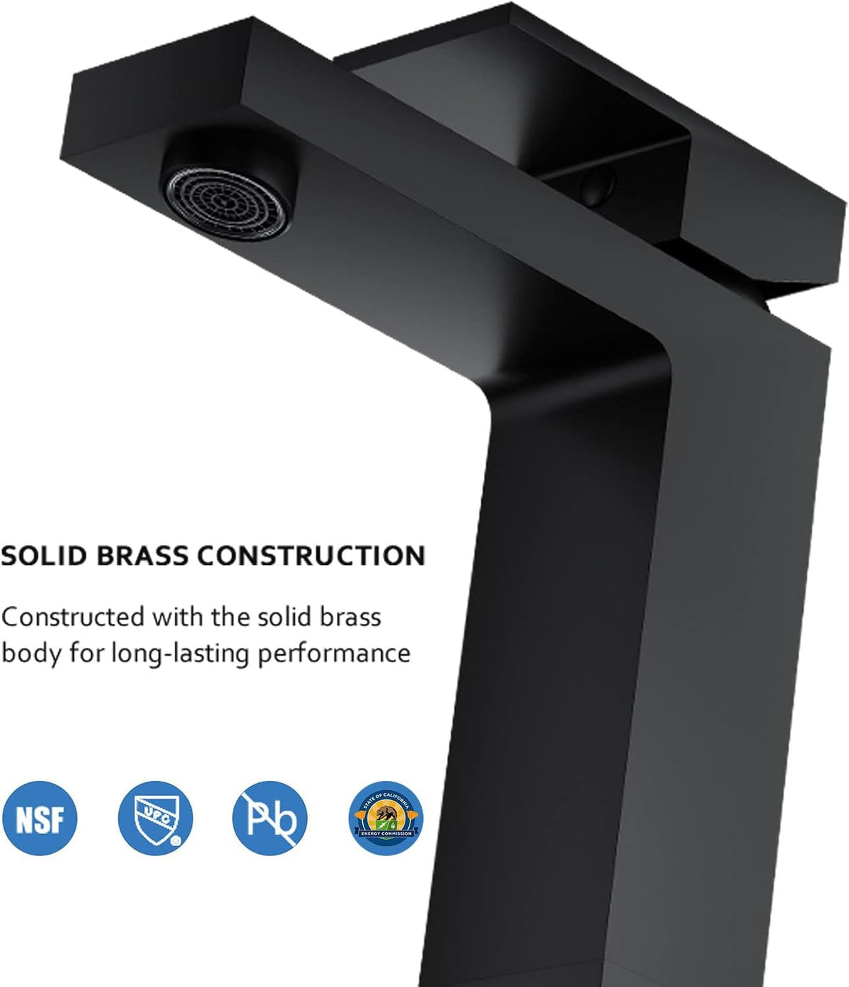 Solid Brass Black Bathroom Faucet, cUPC & CEC Certified 1 Hole Faucet for Bathroom Sink, Lead-Free Single Hole Bathroom Sink Faucet with Water Supply Hoses & Pop Up Drain Stopper