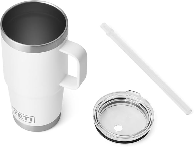 YETI Rambler 25 oz Tumbler with Handle and Straw Lid, Travel Mug Water Tumbler, Vacuum Insulated Cup with Handle, Stainless Steel, White