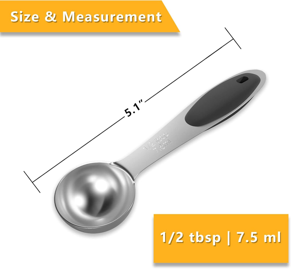 2PCS 1/2 Tbsp(1.5tsp, 1/4oz, 7.5ml) Single Measuring Spoon with Black Silicone Grip, Stainless Steel Individual Measure Scoop Only