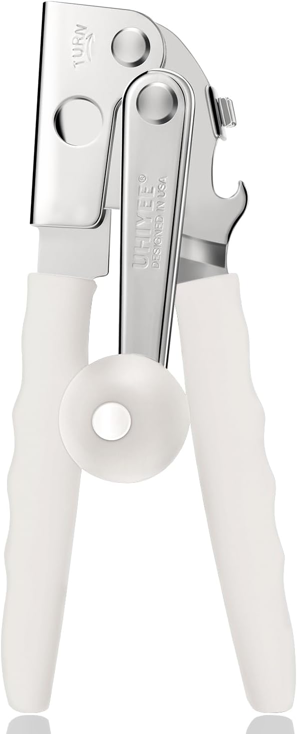 Commercial Can Opener, UHIYEE Hand Crank Can Opener Manual Heavy Duty with Comfortable Extra-long Handles, Oversized Knob, Large Handheld Can Open Easy for Big Cans, White