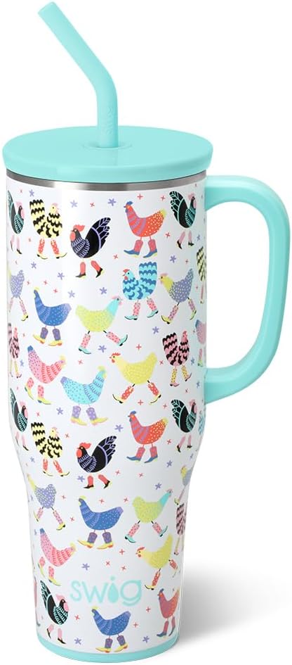 Swig Life 40oz Mega Mug, 40oz Tumbler with Handle and Straw, Extra Large Insulated Tumblers, Cup Holder Friendly Travel Mug (Funky Chicken)