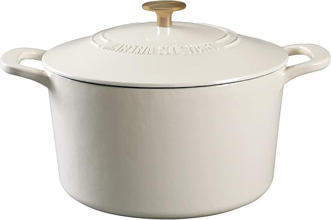 MARTHA STEWART Gatwick 7-Quart Enamel Cast Iron Dutch Oven – Linen White With Gold – Heavy-Duty Dutch Oven for Slow Cooking, Braising & Baking