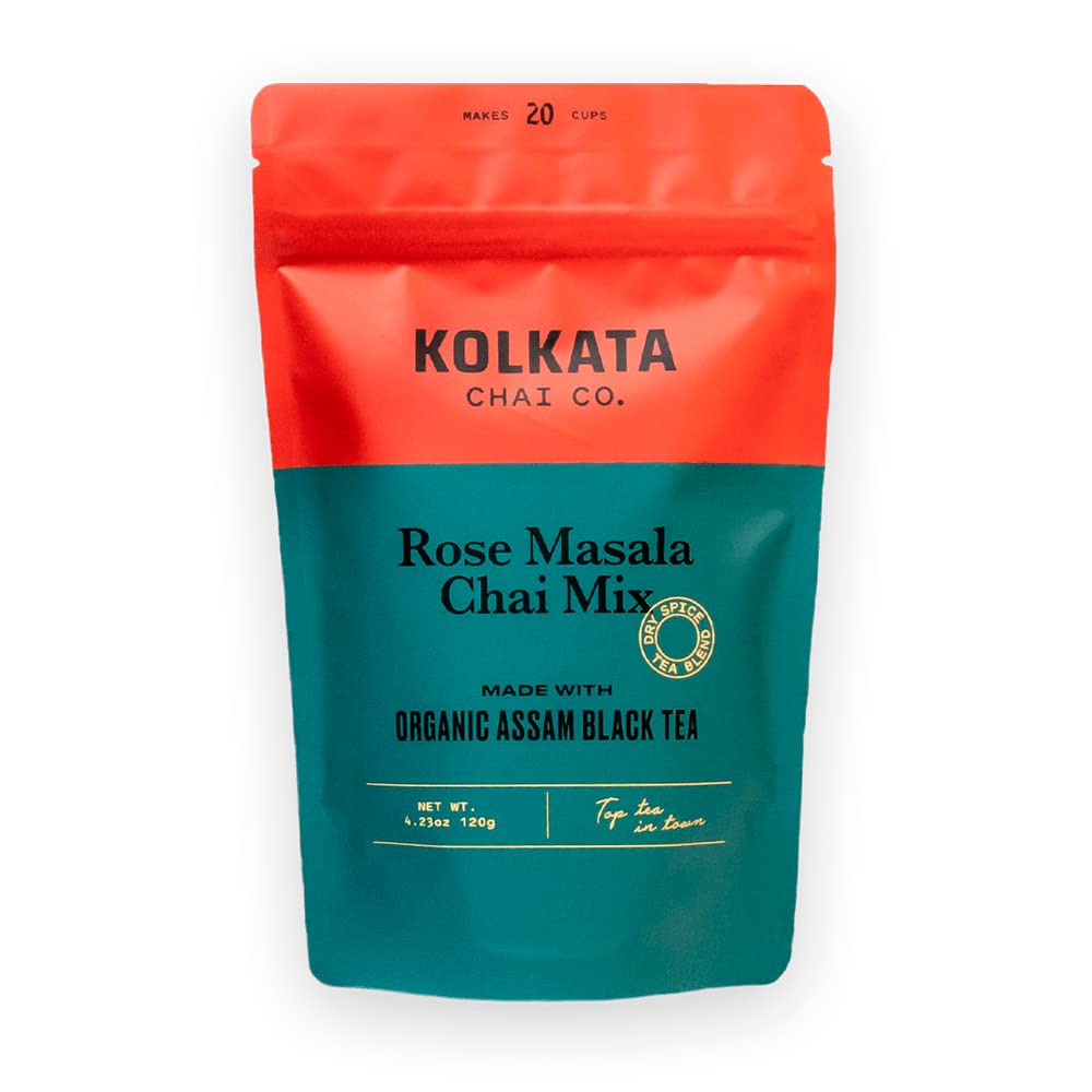 Kolkata Chai Rose Masala Chai mix, 100% Organic Black Tea, Makes 20 cups, Premium loose leaf tea and spice blend, All Natural, 4.23 oz