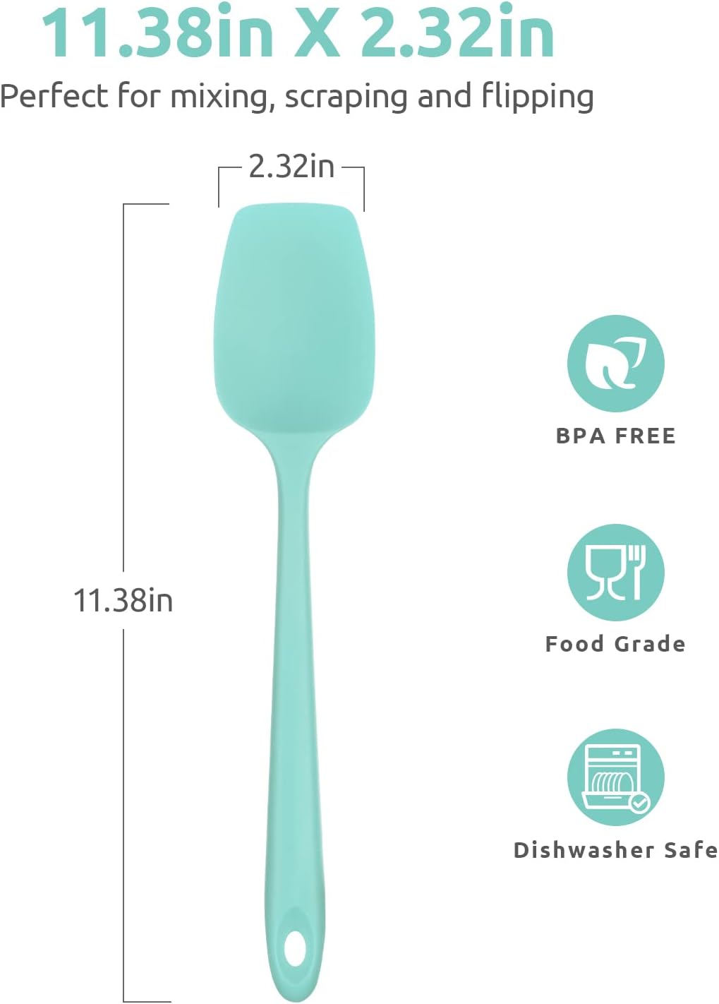 Heat Resistant Silicone Spoon Spatula: U-Taste 600ºF High Heat Flexible 11.38in Silicon Mixing Stirring Cooking Scraping Baking Bowl Scraper Seamless Spreader for Kitchen Nonstick Cookware (Aqua Sky)
