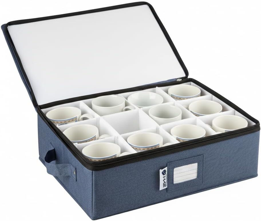 Mug Storage Container - Hard Shell China Organizer with Dividers – Holds 12 Mugs - Durable & Stackable Storage Box for Seasonal Dishware Protection - Denim Blue