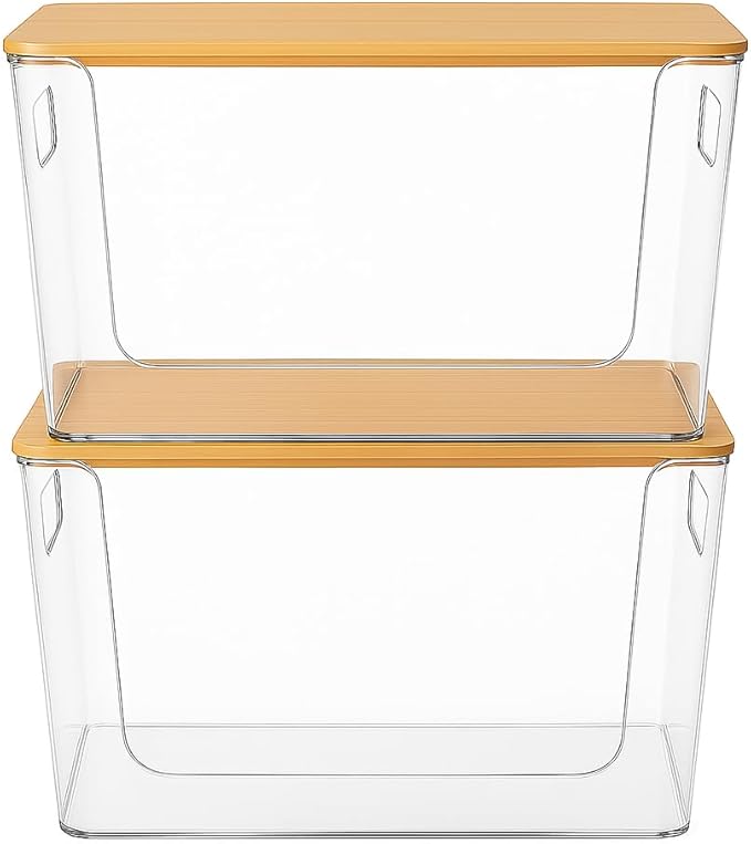 4 Pack Clear Stackable Potato & Onion Storage Bins - Trash Bag Holder Dispenser Under Sink Organizer for Pantry, Kitchen Countertop - Trash Bag Dispenser with Bamboo Lid for 4-13 Gal Bags